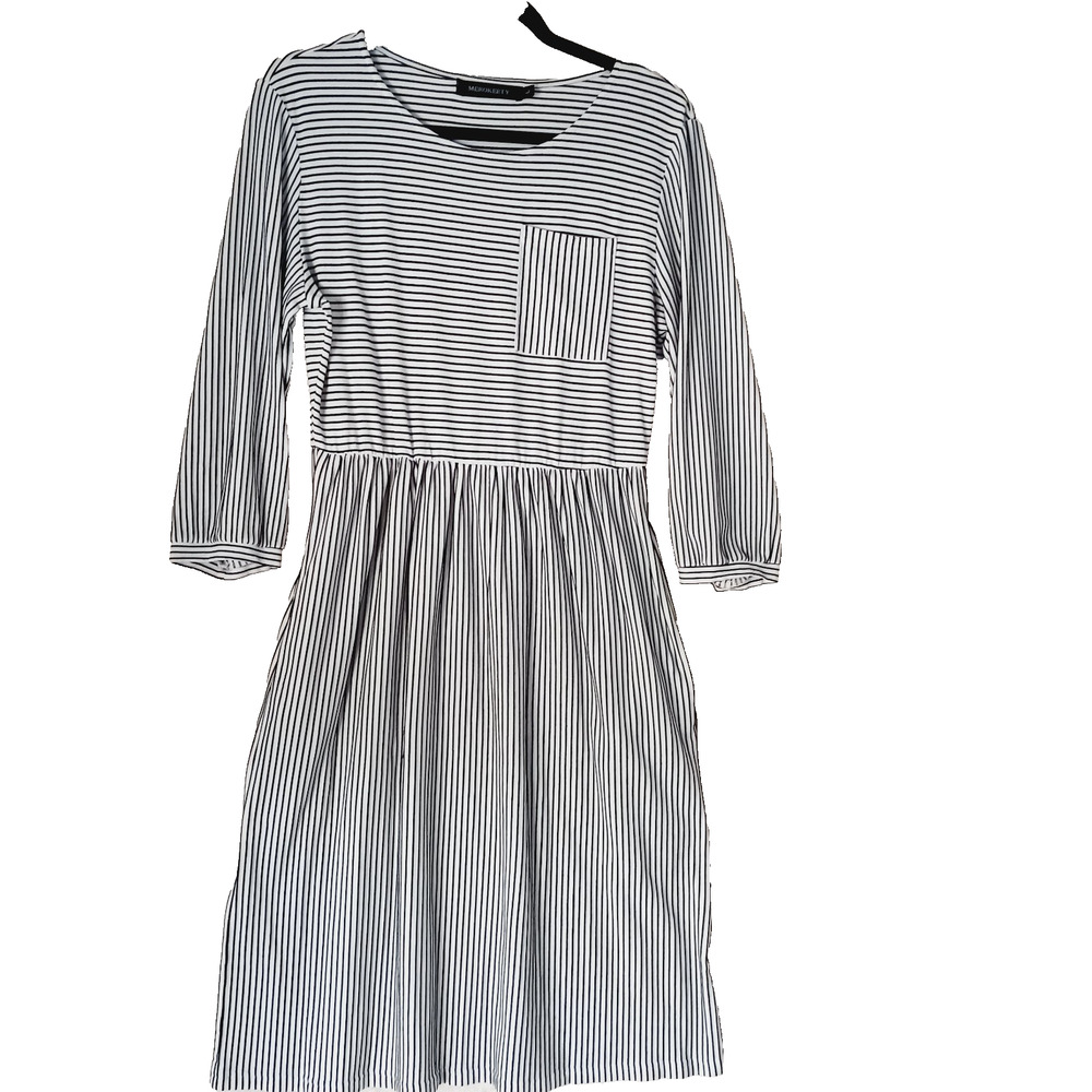 Dress Midi Fit Flare Black White Stripe Merokeety Elastic Waist Long Pocket Sz L